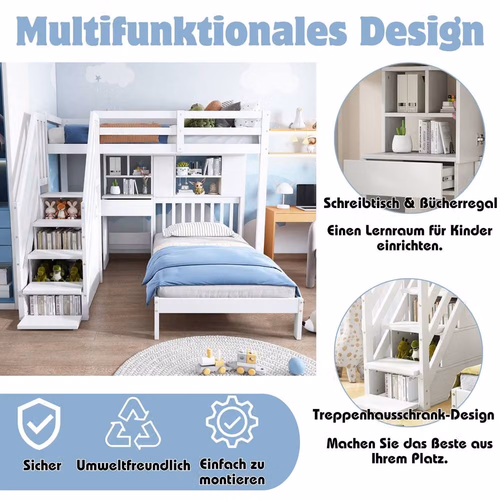 Matteo White Solid Pine House Bunk Bed with Desk, Stairs and Storage for Children, Size: 90 x 200 cm – 3