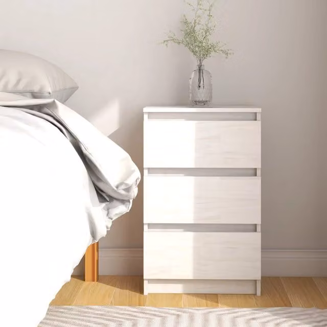 Berkfield Home White Solid Pine Wood Bedside Cabinet, W: 40 cm, D: 29.5 cm, H: 64 cm