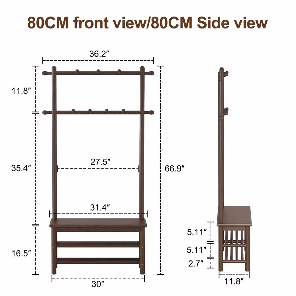 YQJJGL Solid Wood Hall Tree with Bench and 2-Tier Storage Shelves in Walnut Brown, W: 80 cm, H: 170 cm, D: 30 cm – 2