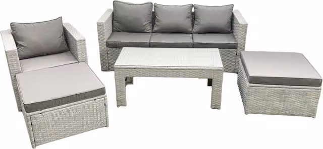 Fimous 6 Seater Outdoor Rattan Garden Furniture Set with Grey Cushions, 2 Footstools and Coffee Table – 1
