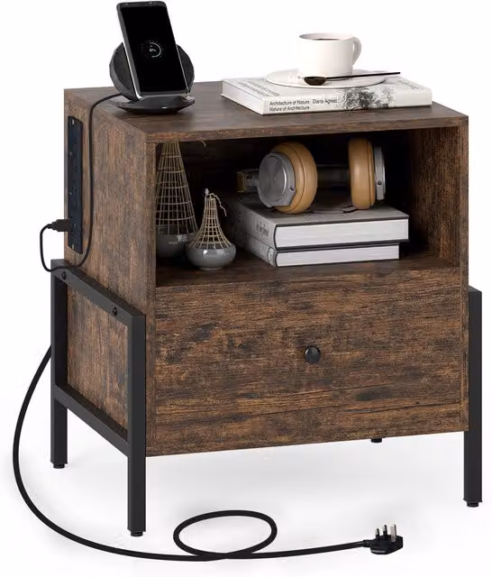 COSTWAY Industrial End Table and Bedside Table in Brown with Metal and Wood Construction