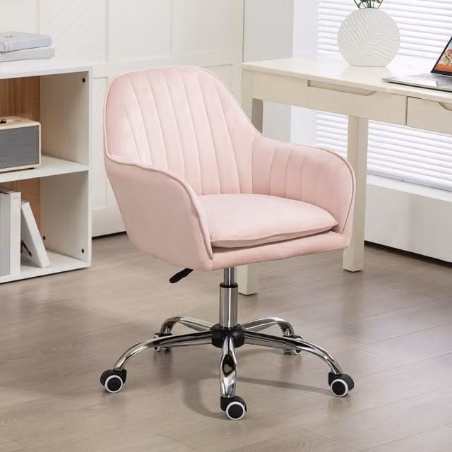 HOMCOM Pink Velvet Swivel Task Chair with Armrests and Castors for Home Office