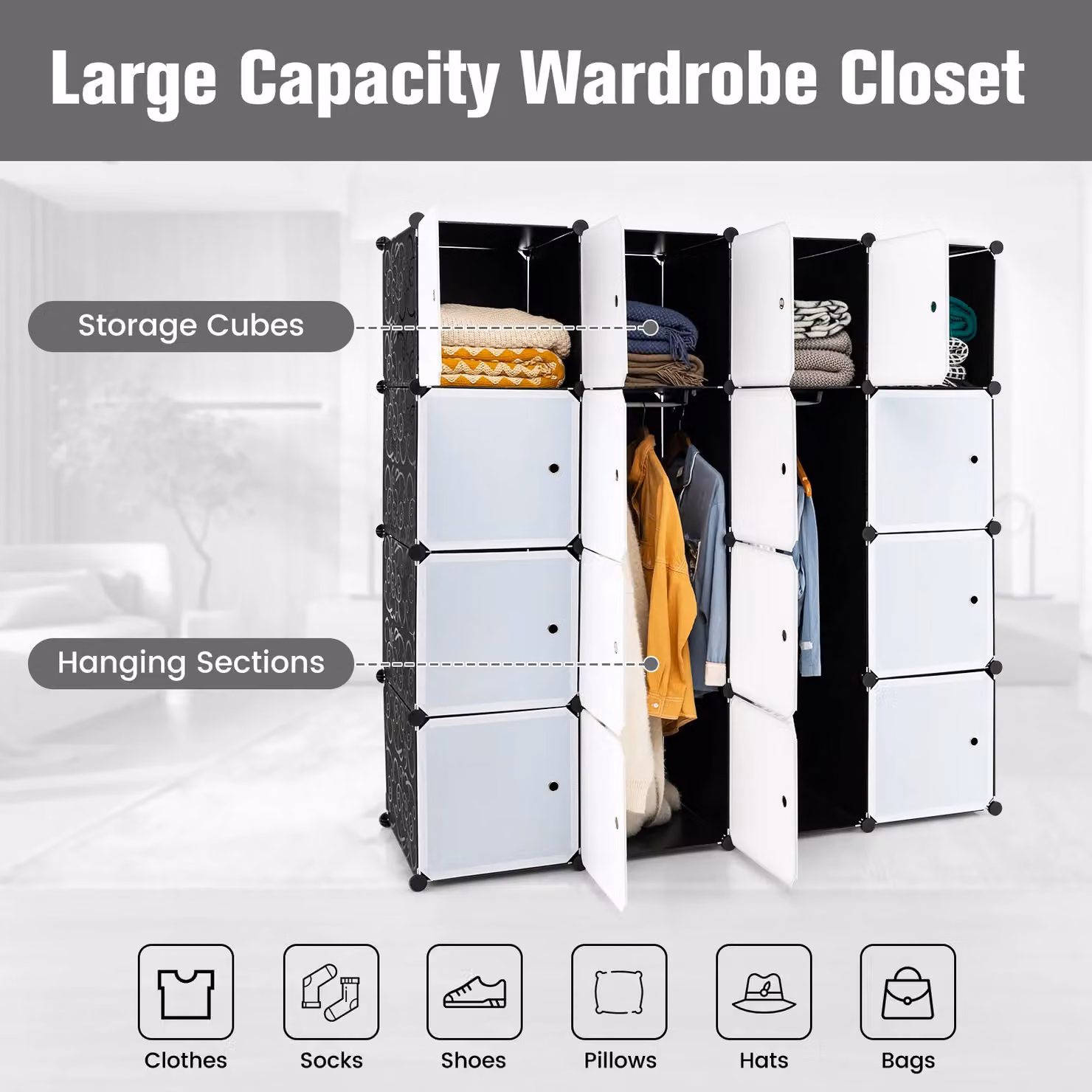 Costway 16 Cube Cloth Storage Organizer Portable Wardrobe in Black – 5