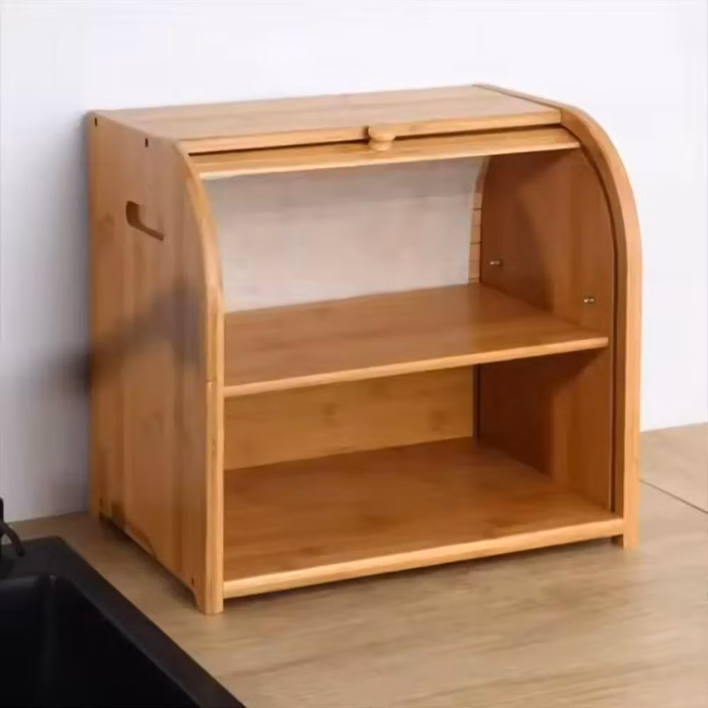 Ventryn 2 Tier Roll Top Bread Bin with Compartments, Brown – 3