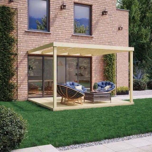 Rutland County Garden Furniture Wall Mounted Pergola and Decking Kit, Green, W: 480 cm, D: 480 cm, H: 270 cm