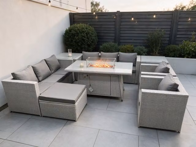 Fimous Light Grey Polyrattan Garden Furniture Set with Gas Fire Pit, Coffee Table and Upholstered Seating