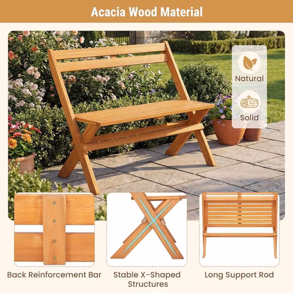NESTLUNE Folding Acacia Wood Outdoor Bench for 2 Adults in Brown and Beige, W/D/H: 100 x 100 x 80 cm – 6