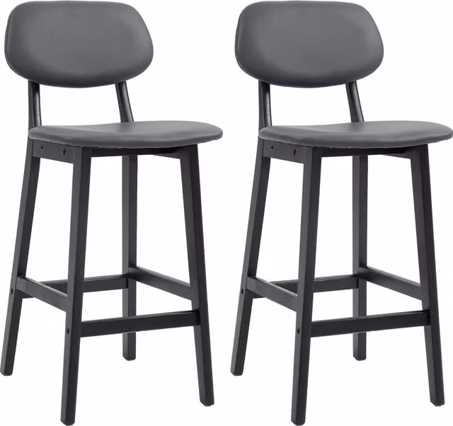 HOMCOM Set of 2 Modern Faux Leather Upholstered Breakfast Bar Stools with Backs and Wood Legs in Dark Grey