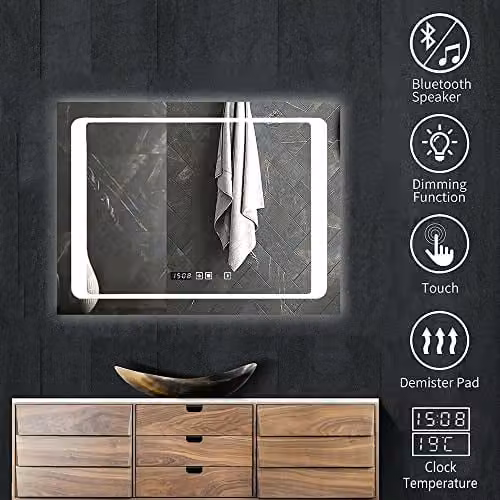 ENER-J LED Rectangular Bathroom Mirror with Bluetooth Speaker, Dimmable Touch Control and IP44 Waterproof Rating, Silver, W: 80 cm, H: 80 cm – 2