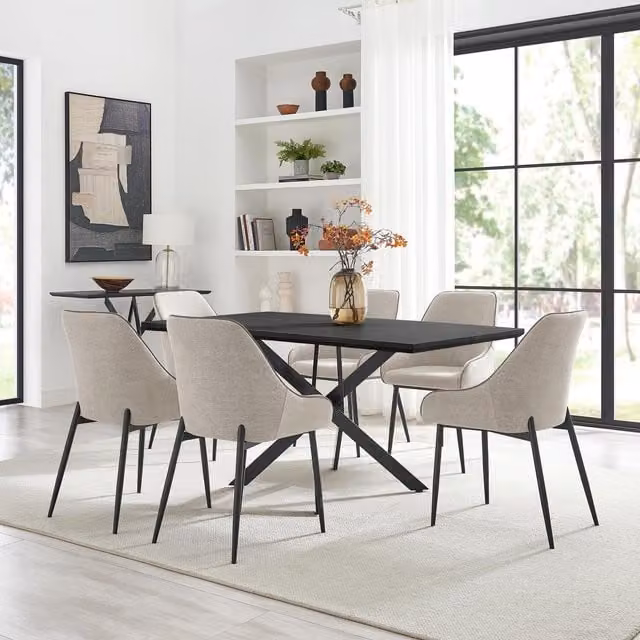 FurnitureboxUK Leonardo Black Top Dining Table with 6 Beaumont Cream Fabric Chairs