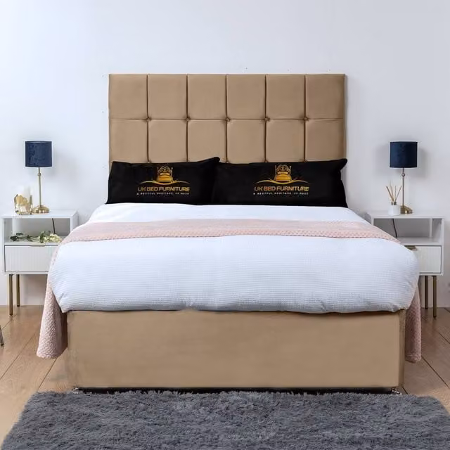 UK Bed Furniture Florence Divan Bed Base with 26 Inch Headboard in Beige, Small Double, W/D/H: 120 x 200 cm