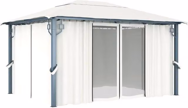 Berkfield Home Hip Gazebo with Curtains in Beige Aluminium, W: 400 cm, D: 300 cm