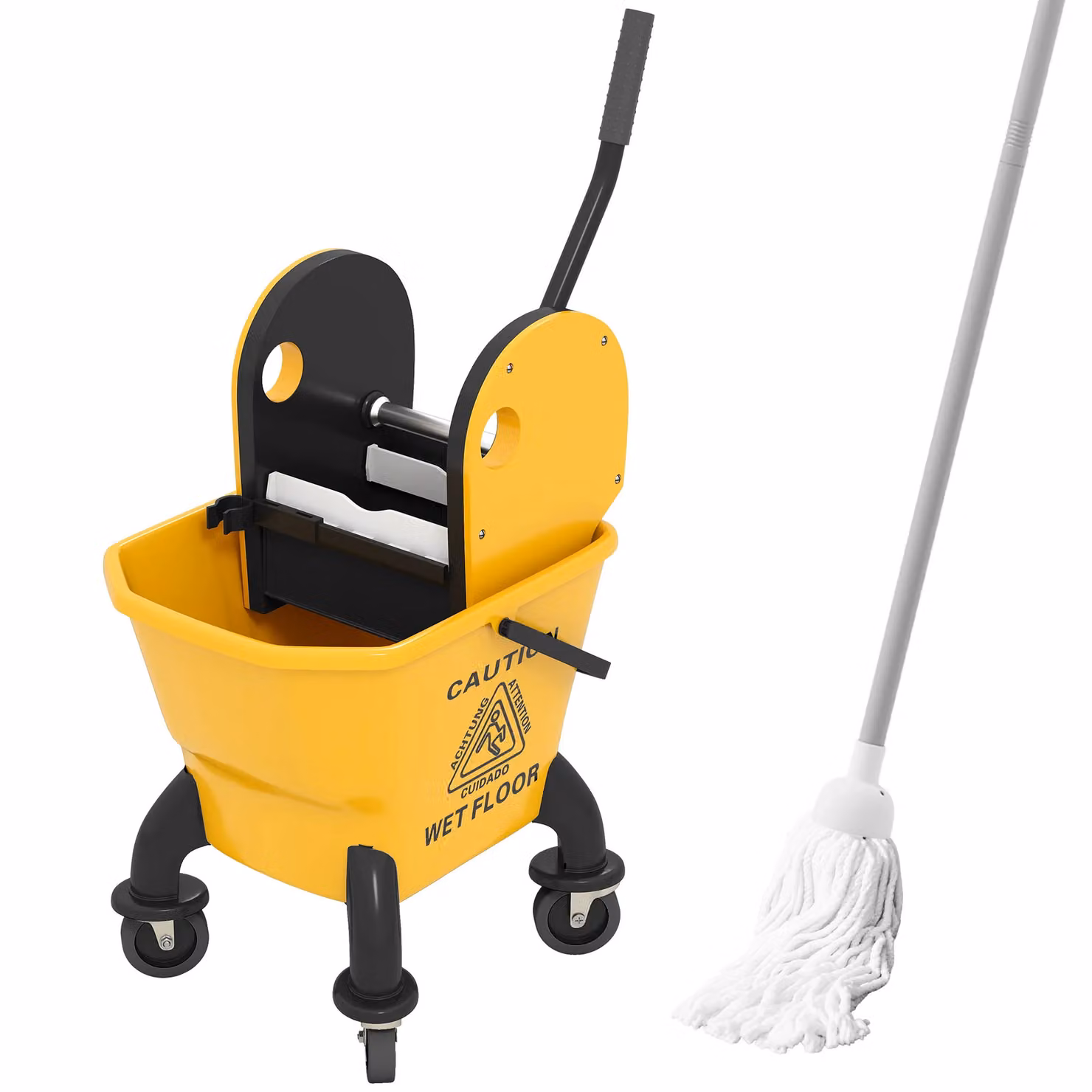 HOMCOM Yellow Mop Bucket with Wringer on Wheels for Floor Cleaning, 26 Litre – 2
