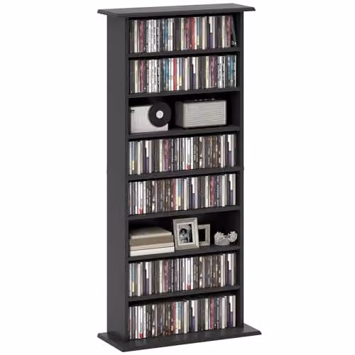 HOMCOM Black Media Storage Unit with 6 Adjustable Shelves for CDs and DVDs