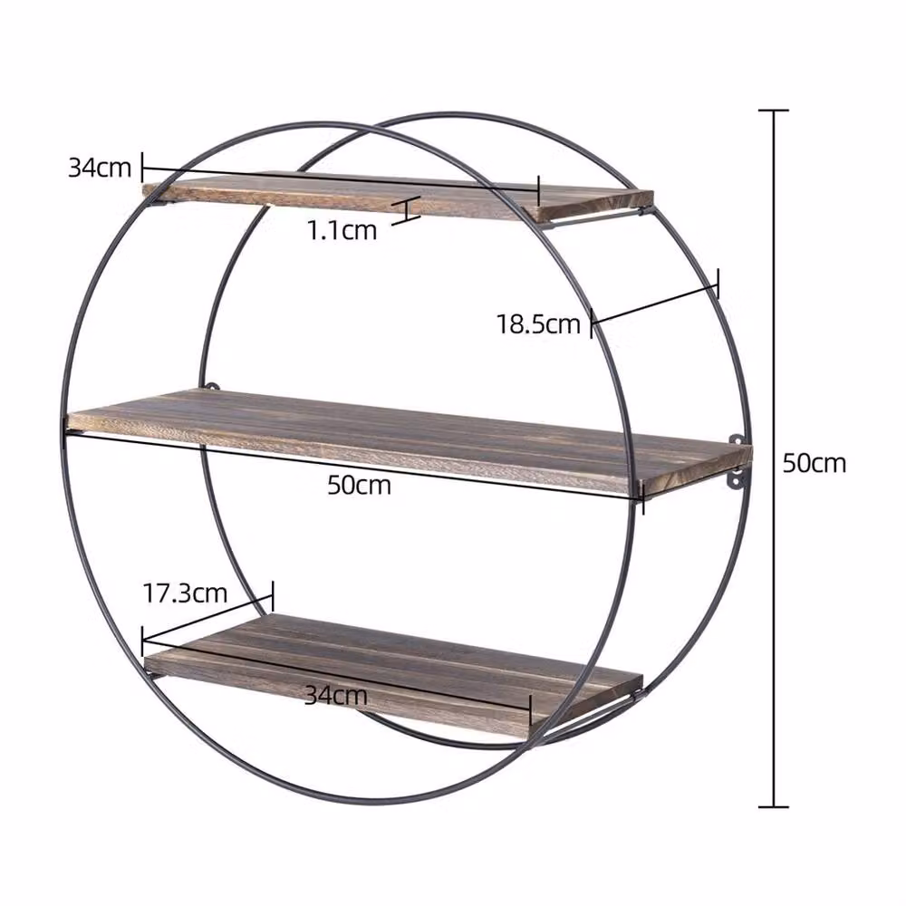 NESTLUNE Industrial Wall Mounted Multi Section Large Round Black Metal and Pine Wood Wire Shelf, W: 100 cm, D: 15 cm – 2