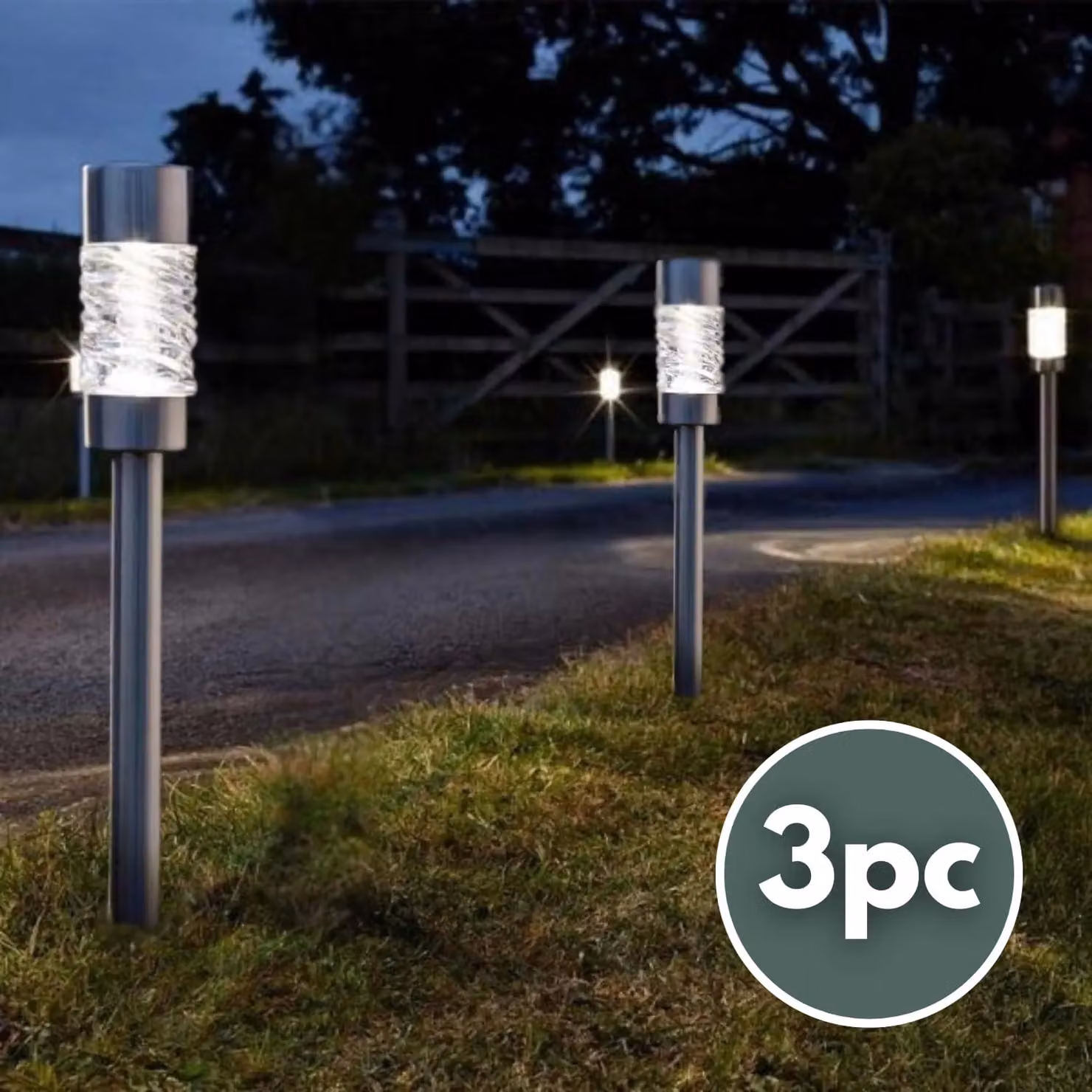 Marco Paul 3 Pack of Silver Stainless Steel Solar Powered LED Stake Lights, Height: 58 cm – 3