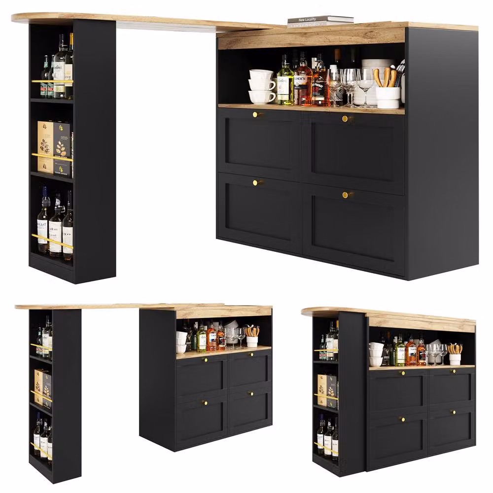 Rolipo 360 Swivel L-Shaped Bar Table with 4 Drawers and Open Shelves in Black and Gold – 9