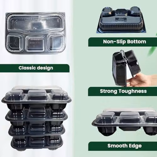 ECONX Black 4 Compartment Takeaway Meal Prep Containers with Snap Lids, Microwave and Freezer Safe, BPA Free Plastic – 3