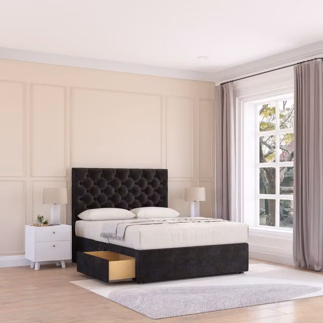 Sloomy Mayfair Double Divan Bed Base with 2 Drawers and Chesterfield Headboard in Black Velvet, W/D/H: 140 x 200 cm
