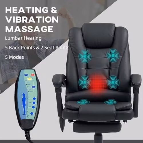 Vinsetto Black PU Leather Executive Office Chair with 6-Point Massage, Back Heat, Footrest and Reclining Function – 4