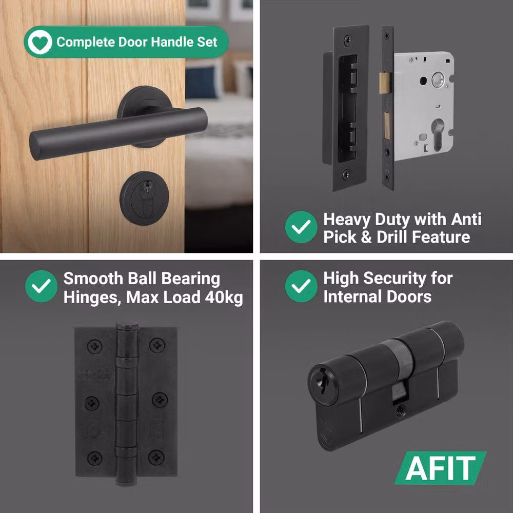 AFIT Matt Black T-Bar Lever on Rose Euro Lock and Hinge Kit with Double Cylinder, W/D/H: 150 x 150 x 150 mm – 4