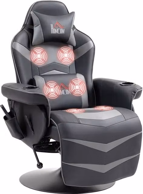 HOMCOM Grey PU Leather Massage Recliner Chair with Remote, 360 Degree Swivel Racing Style Armchair with Cup Holders and Lumbar Support – 1