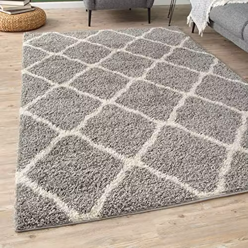 THE RUGS Moroccan Shaggy Area Rug in Grey and White, W: 60 cm, L: 110 cm