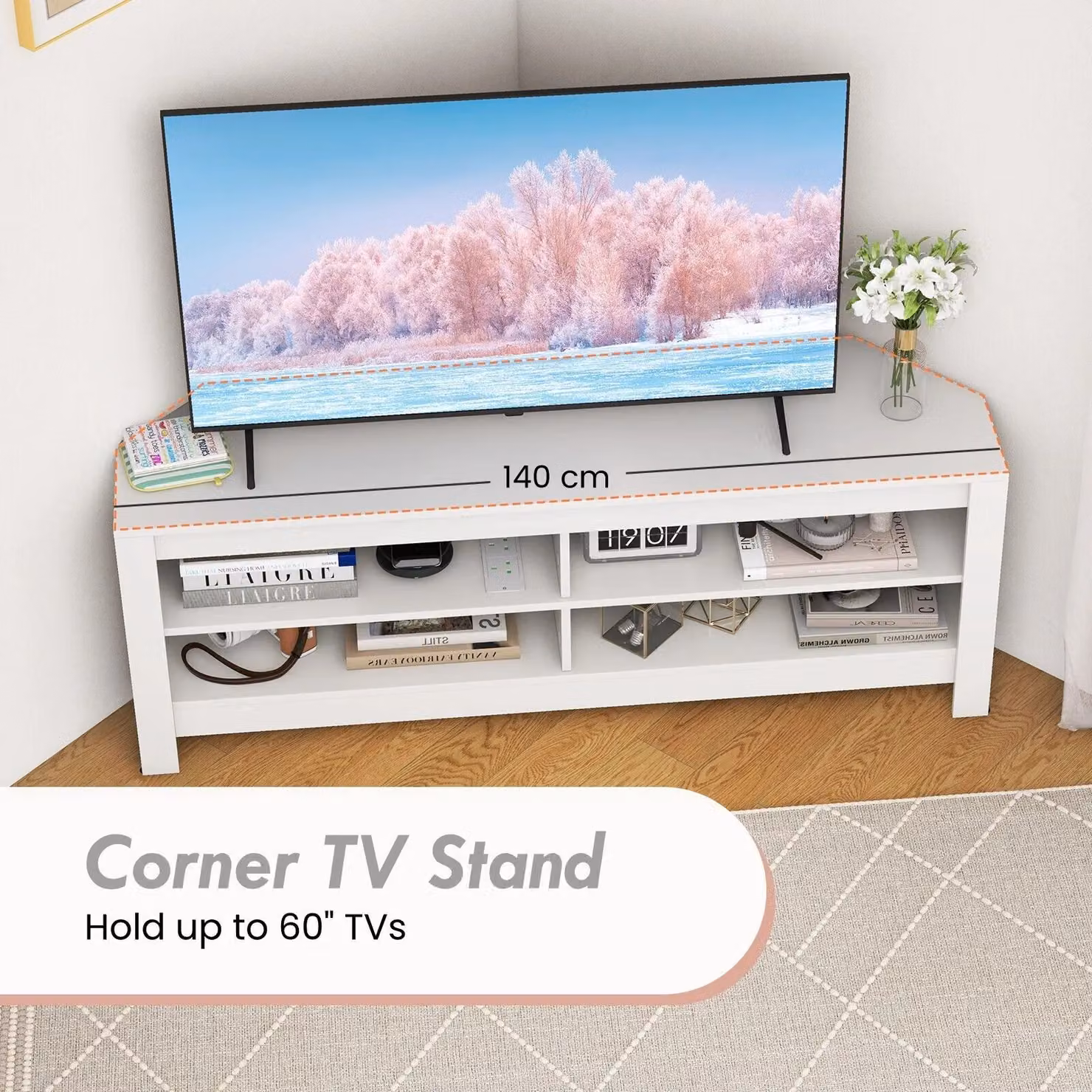 Costway Corner TV Stand with Power Outlet and 3-Tier Media Compartments in White – 2