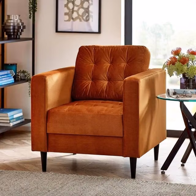 FurnitureboxUK Jade Velvet Chesterfield Armchair in Burnt Orange with Solid Wood Frame
