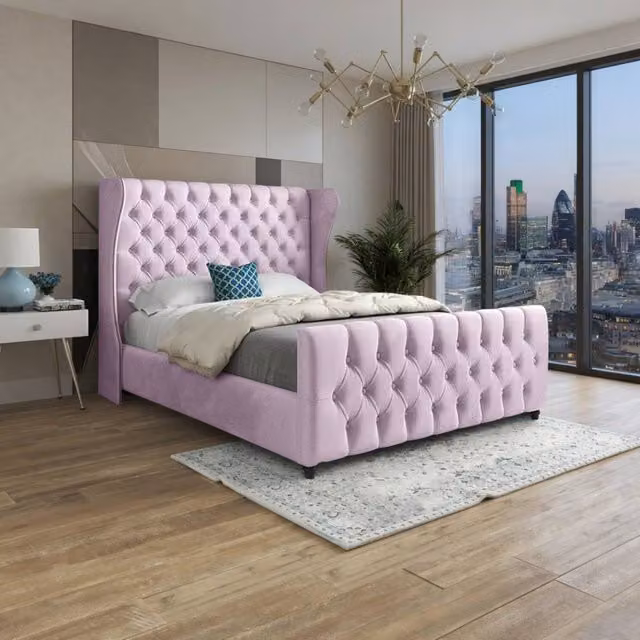 Casani Horley Double Upholstered Velvet Bed Frame in Pink, W: 140 cm, D: 200 cm – 1