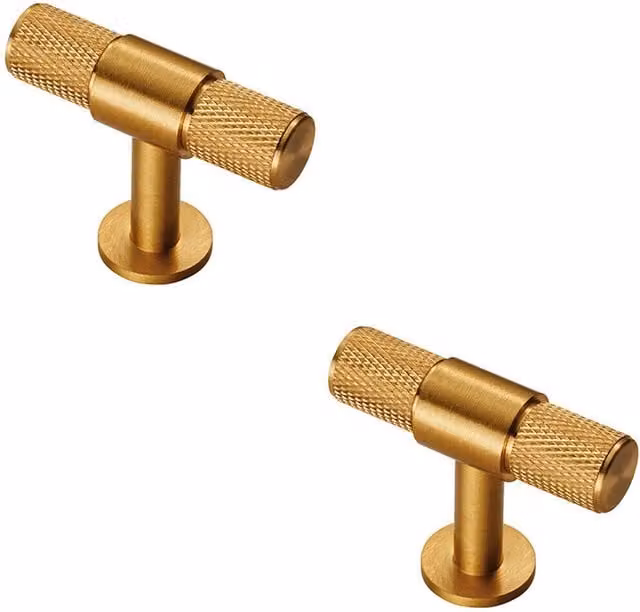 Loops 2x Knurled T-Shape Cupboard Pull Handles in Satin Brass, W/D/H: 50 x 13 mm