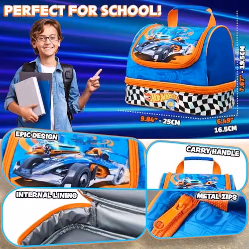 Hot Wheels Insulated Kids Lunch Bag with Dual Compartments in Blue – 6