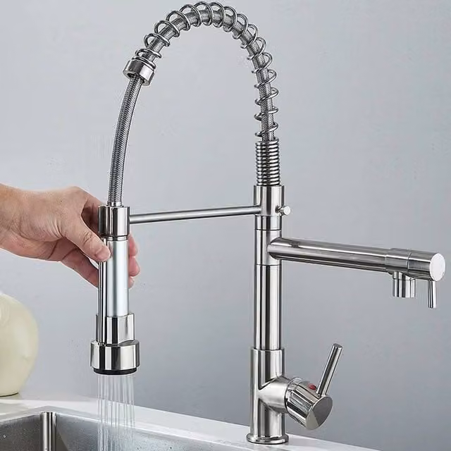 Kelvenix Single Lever Pull Out Kitchen Mixer Tap with Dual Spout Spray in Silver