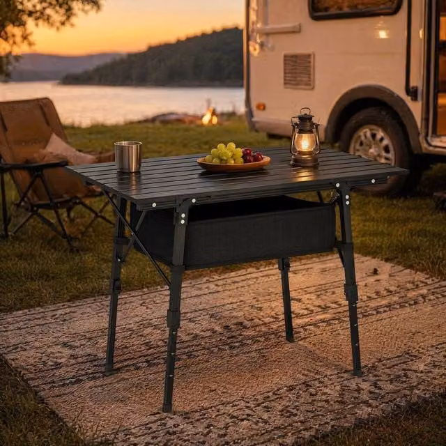 STILVORA Adjustable Bivvy Table with Storage Basket in Black – 1