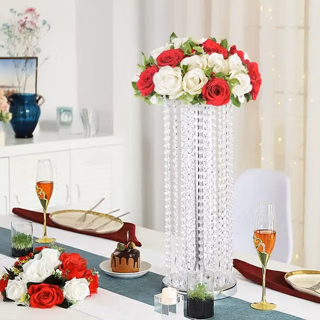 Livingandhome Silver Round Glass Crystal Tall Tabletop Vase for Wedding and Anniversary Decor