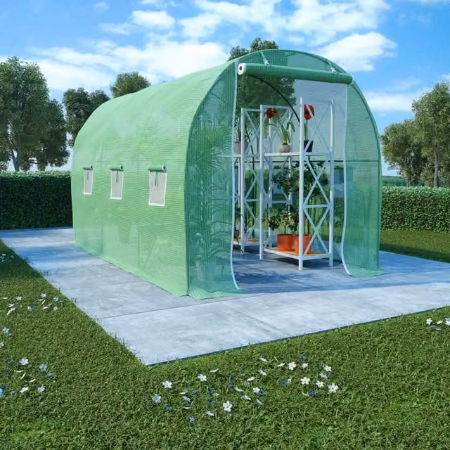 Berkfield Home Green Freestanding Greenhouse with Curved Roof and Windows, W/D/H: 6.86 x 3.43 x 2.0 m