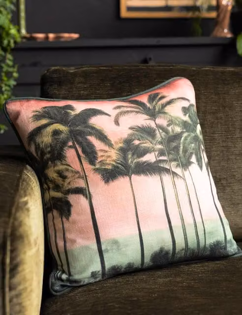 Rockett St George Palm Paradise Piped Square Cushion in Pink Mix Cotton