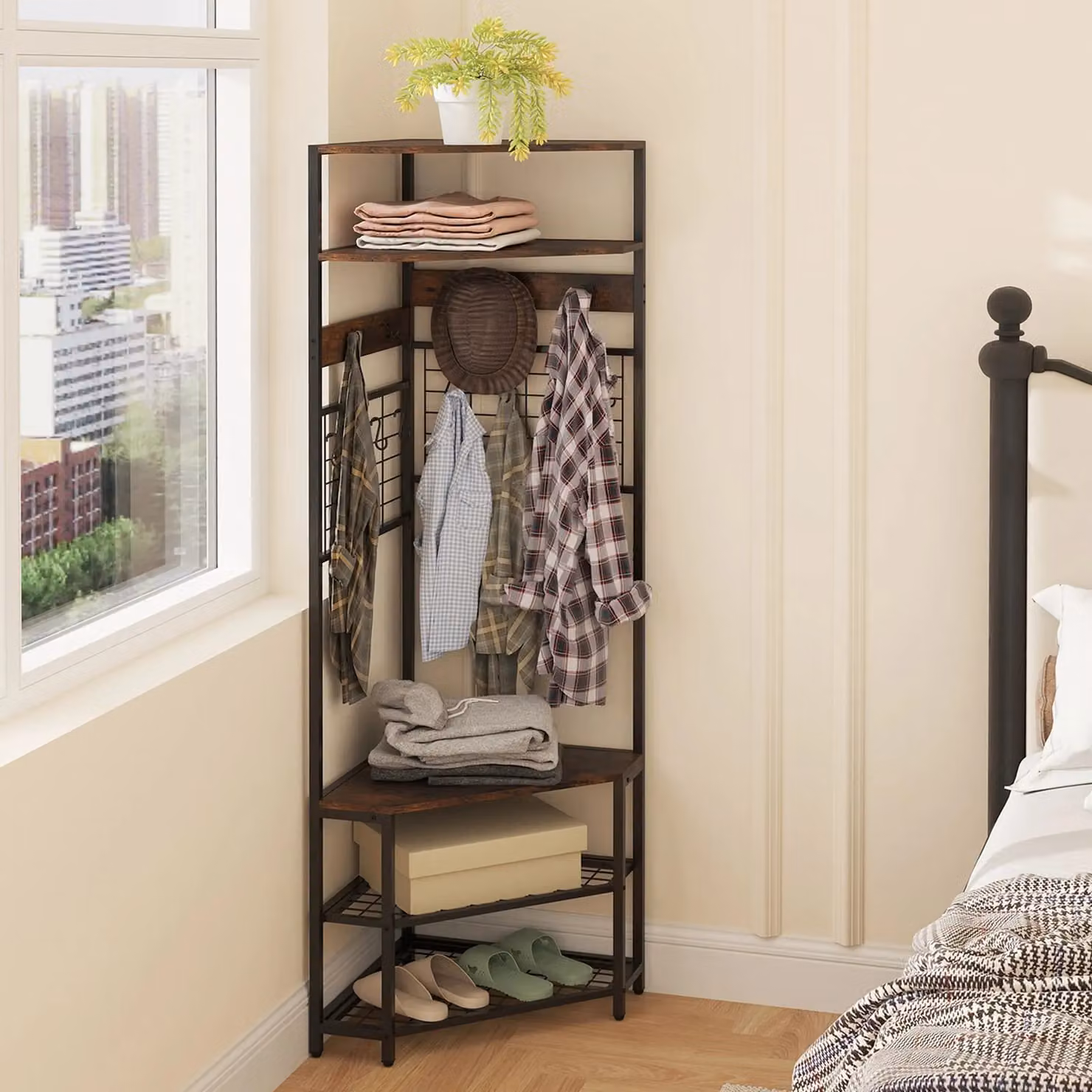 Costway Corner Hall Tree with 5-Tier Coat Rack and Shoe Storage Bench in Brown – 3