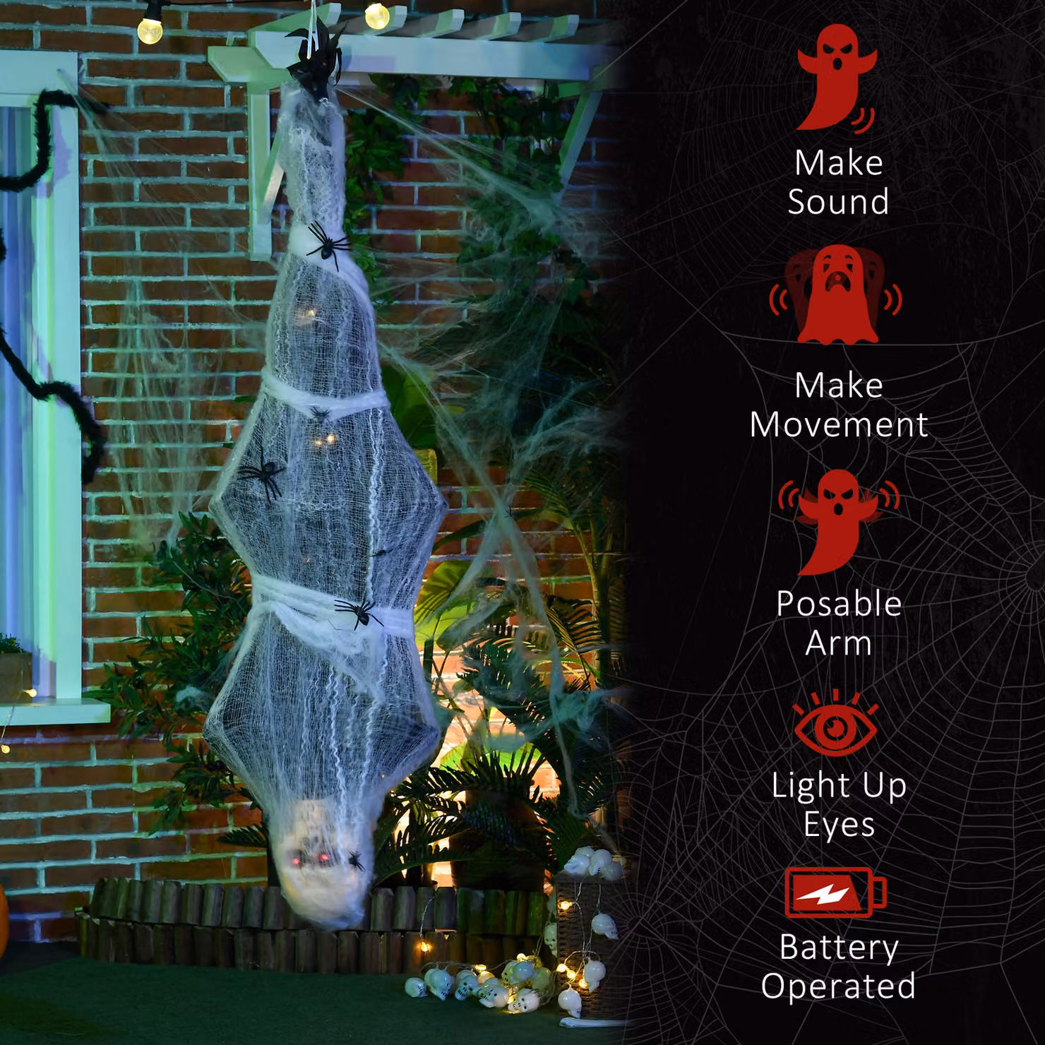 HOMCOM Life Size Hanging Mummy Outdoor Halloween Decoration with Sound, Motion Activation and Light Up Eyes in Red and White – 5