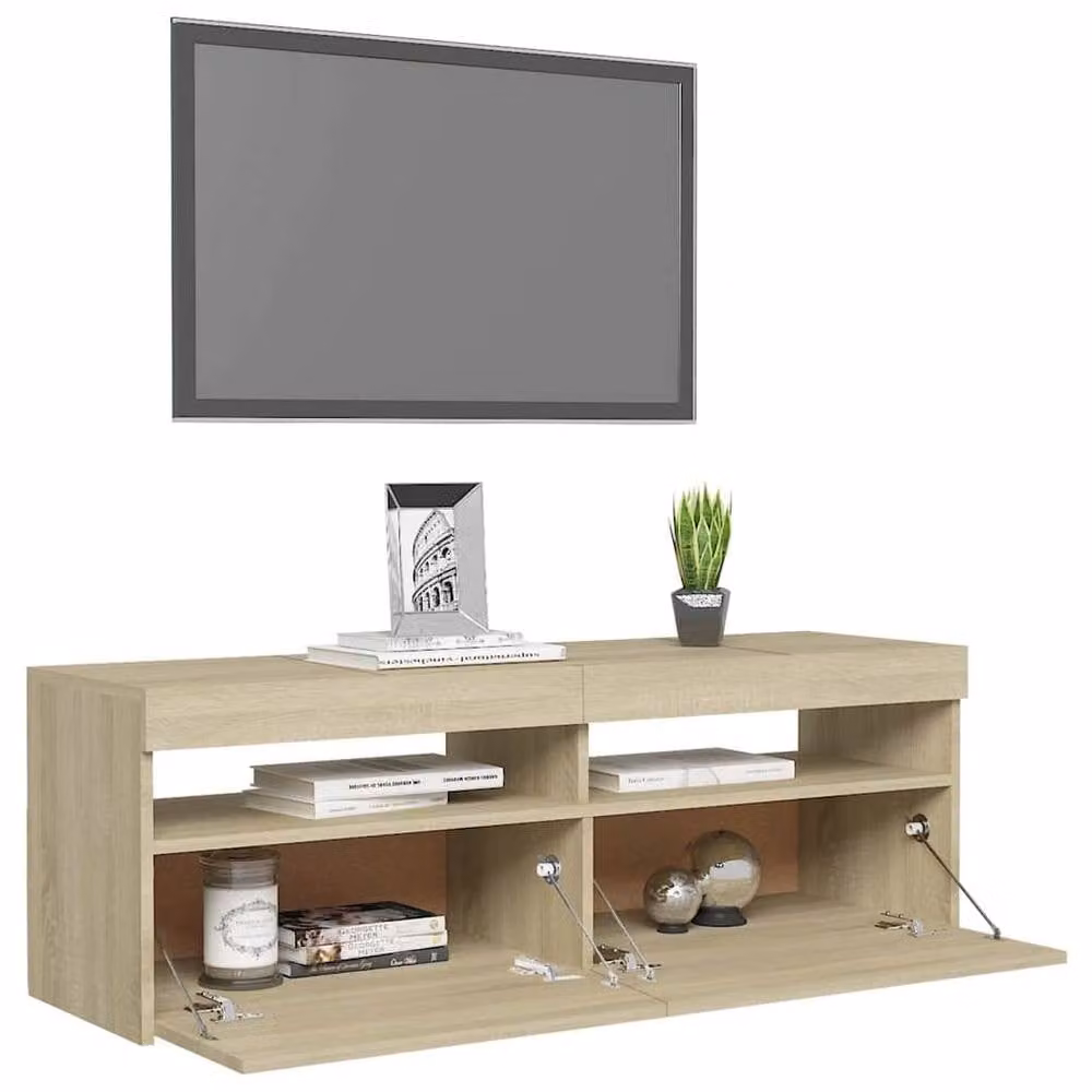 Berkfield Home TV Cabinet with LED Lights in Sonoma Oak and Light Tan, W/D/H: 120 x 35 x 40 cm – 2