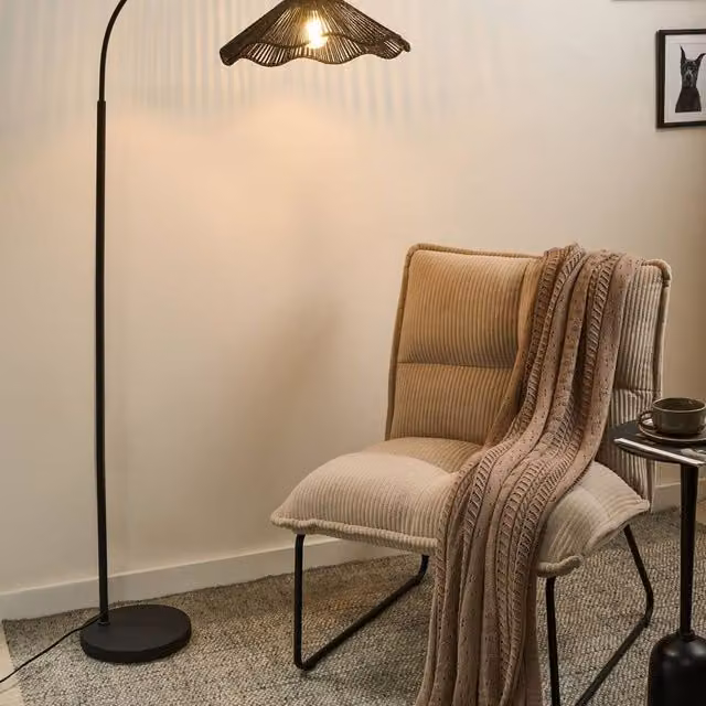 Wyld and Coco Minimalist Floor Lamp with Black Metal Base and Paper Shade – 1