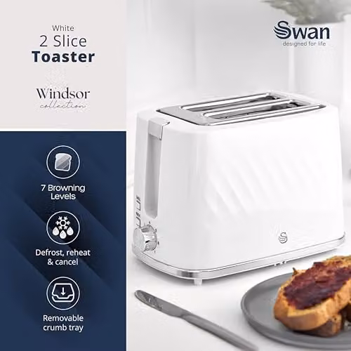 Swan Windsor 2 Slice Toaster, White, 900W – 2
