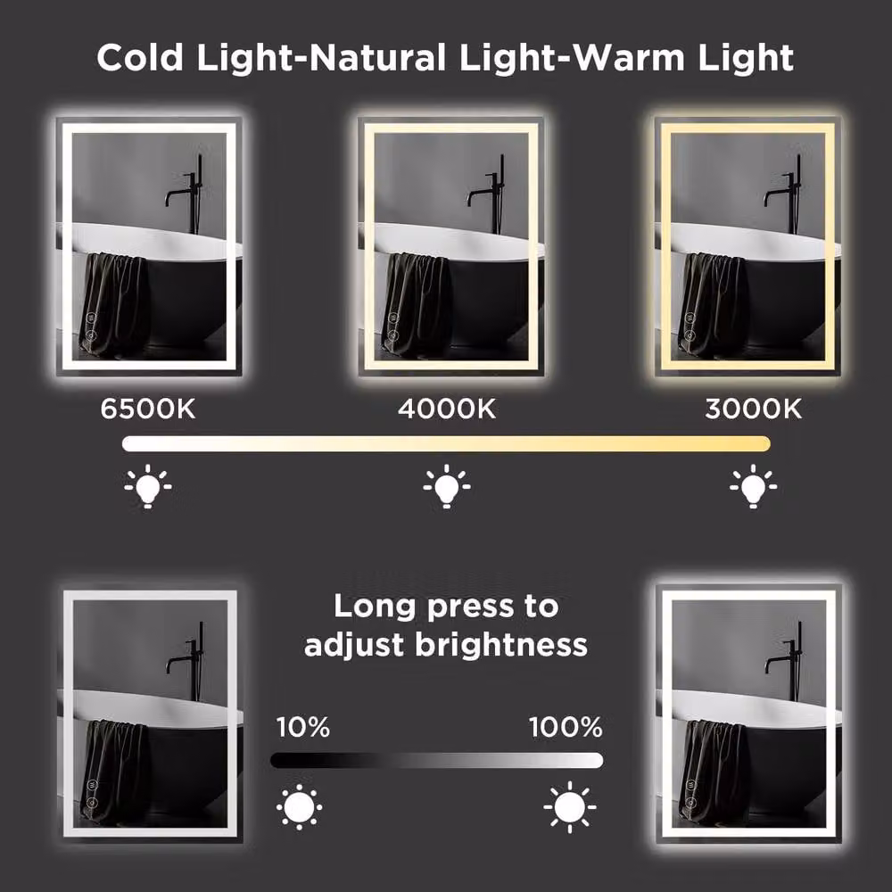 Resmo Sleek LED Bathroom Mirror in White with Anti-Fog and Dimmable 3-Colour Lighting, W: 50 cm, H: 70 cm – 3