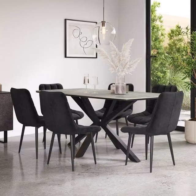 More4Homes Juno Light Grey Ceramic Rectangular Dining Table and 8 Black Nova Velvet Chairs, W/D/H: 180 x 90 x 75 cm