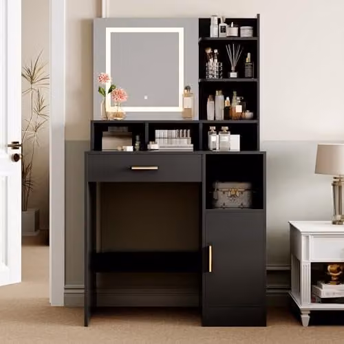 MCC Direct Truro Dressing Table with Hollywood LED Mirror and Storage, Black, W/D/H: 140 x 40 x 80 cm