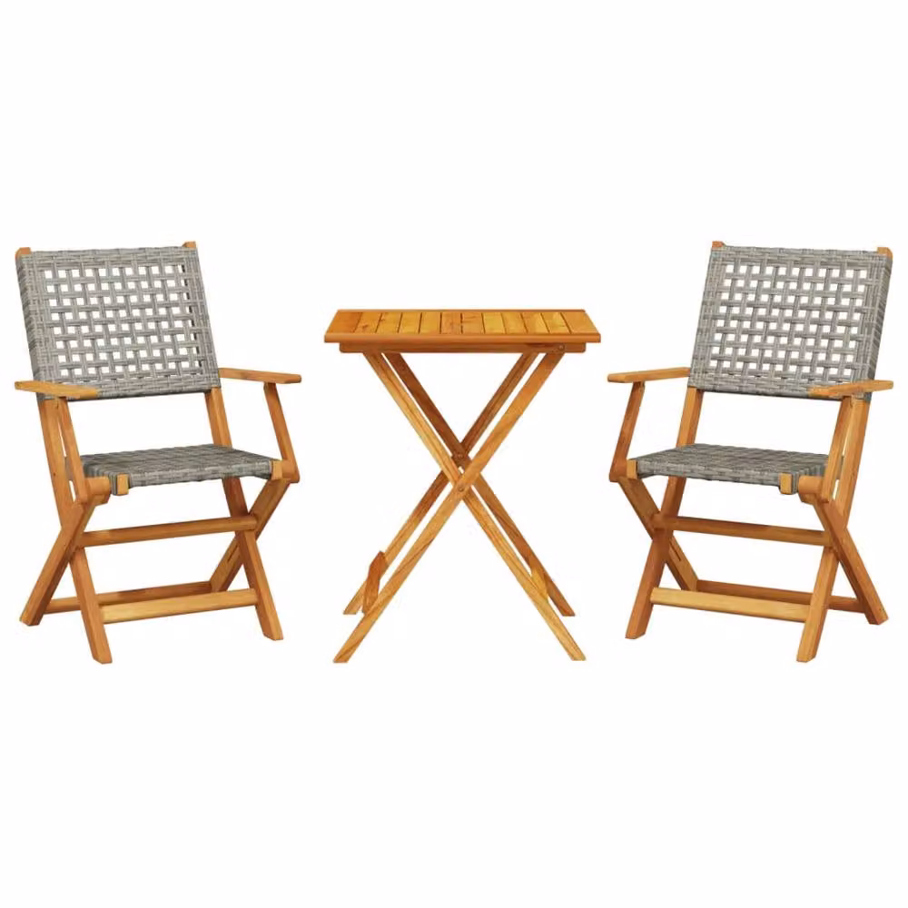 Berkfield Home Beautiful 3 Piece Grey Poly Rattan and Oiled Acacia Wood Bistro Set – 3