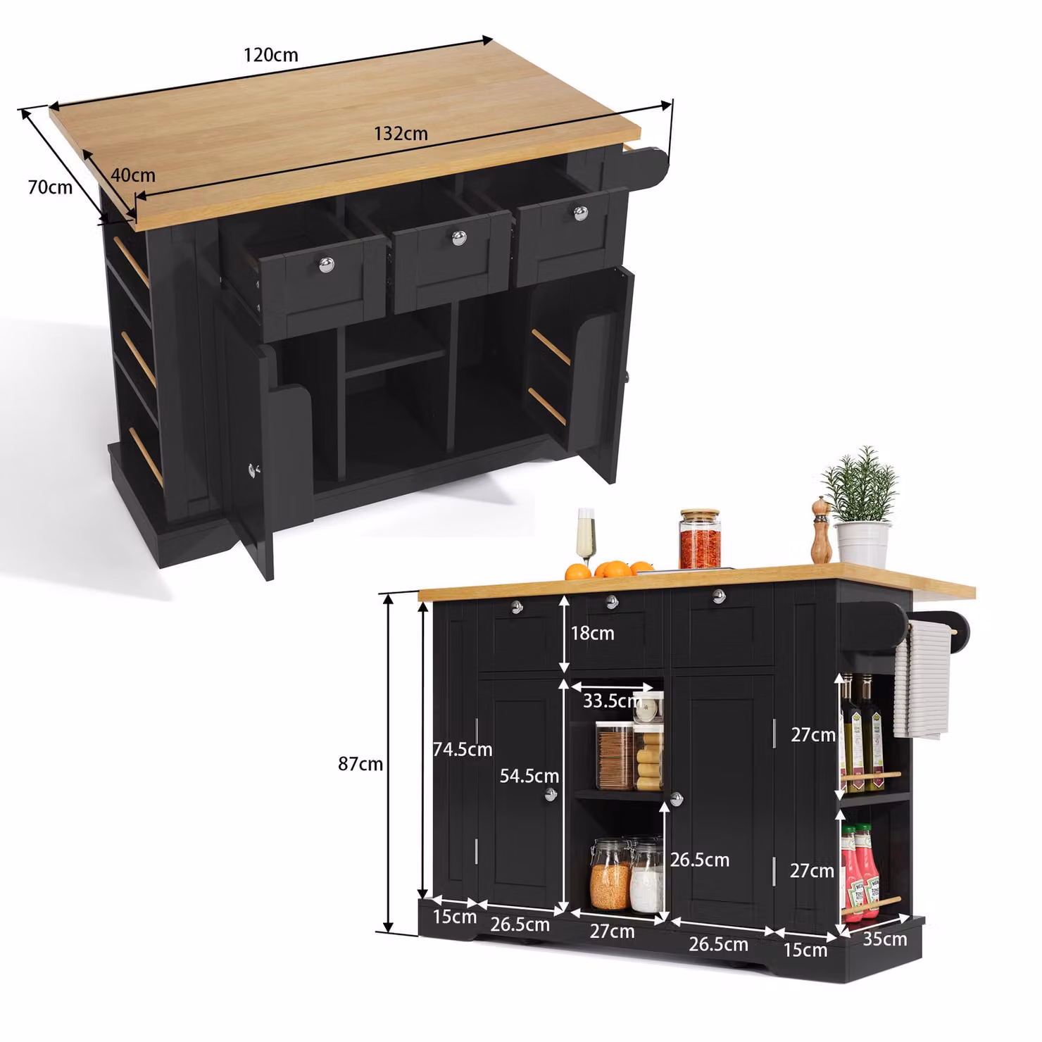 Aosom UK Versatile Kitchen Island Trolley with 3 Drawers, 2-Door Cupboards and Extendable Worktop, Natural and Black, W: 132 cm, D: 70 cm, H: 87 cm – 3