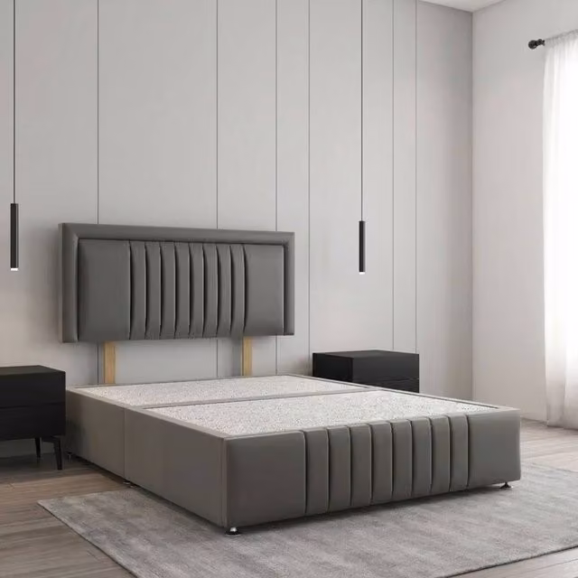 Regional Furnishings Grey Velvet Plush Divan Bed Base with 24 inch Headboard and Footboard, Double, W/D/H: 140 x 200 cm
