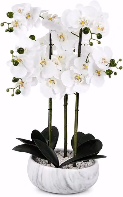 Leaf White Marble Effect Ceramic Orchid Artificial Planter in Green, Height: 60 cm – 1