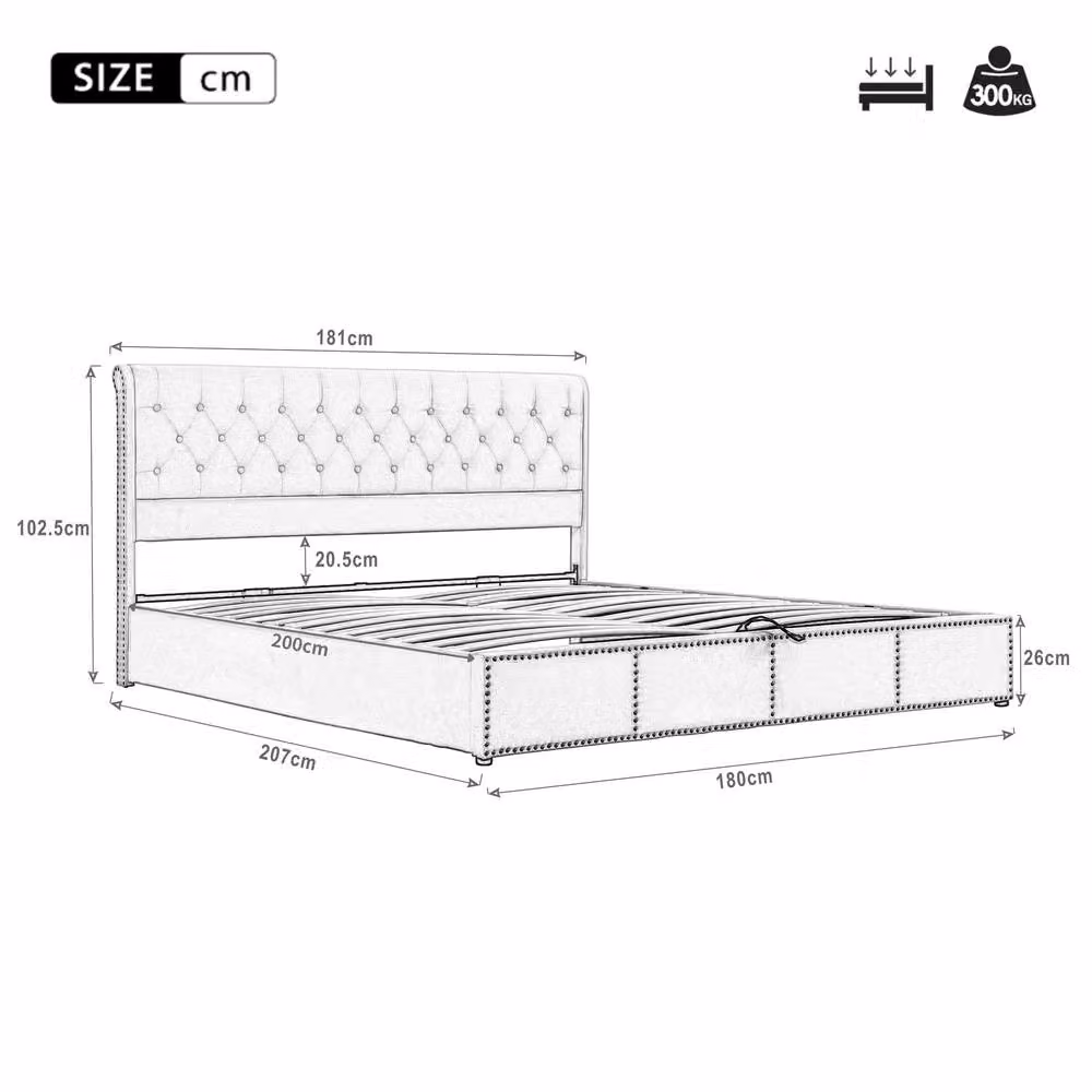 Matteo Upholstered Super King Size Bed with Lift Up Storage Base in Grey, W/D/H: 180 x 200 x 102.5 cm – 2